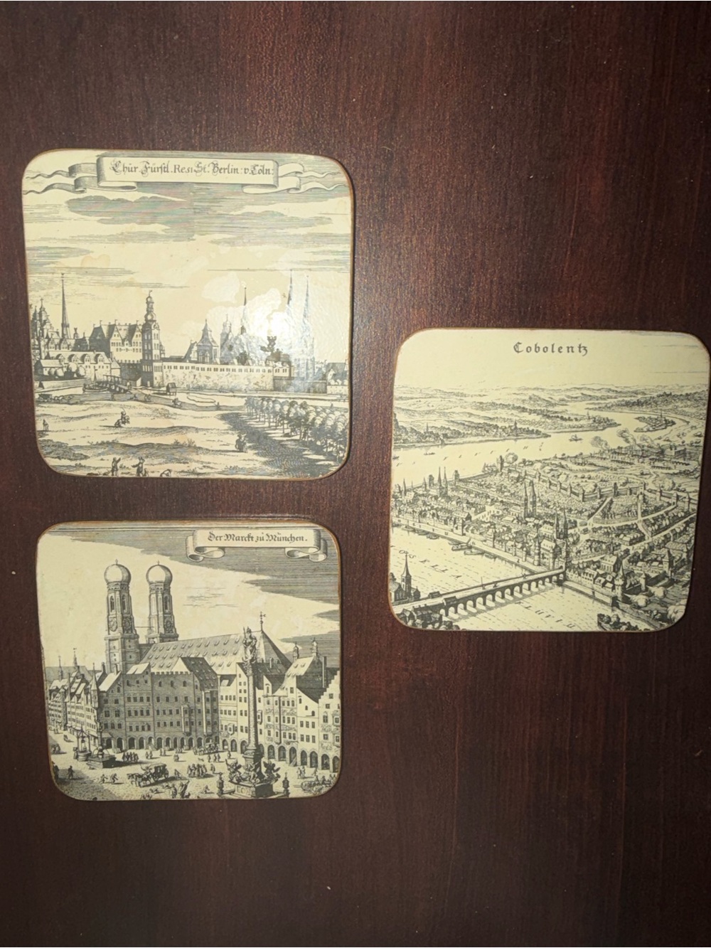Set of 3 Vintage Illustrated Coasters - Sepia Cityscape Prints